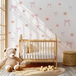 Pink Bow & Floral Wall Stickers, Coquette Nursery Decor, Baby Girl Room Decals, Peel & Stick Art, Soft Flower Decals - thumbnail 3