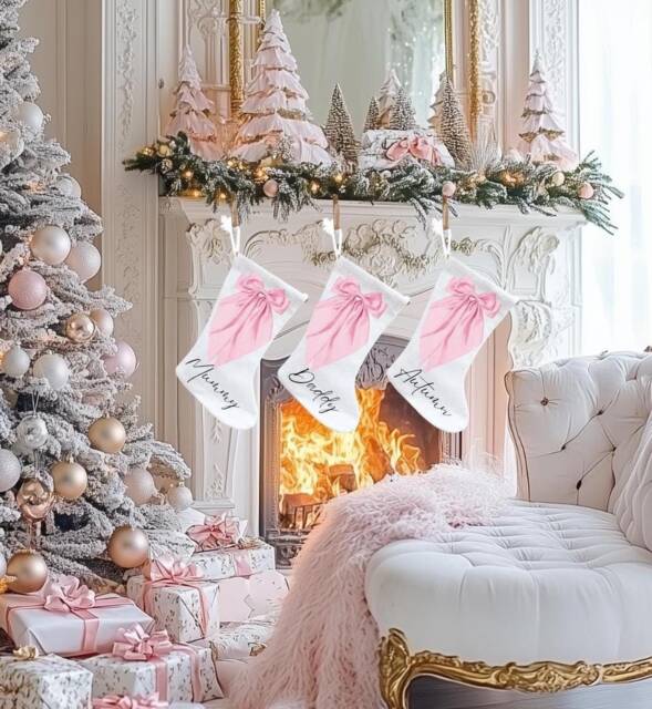 Personalised Bow Christmas Stockings, Pink Stocking, Decorations, Stocking, Family Gifts - image 1