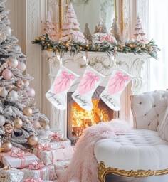 Personalised Bow Christmas Stockings, Pink Stocking, Decorations, Stocking, Family Gifts - thumbnail 1