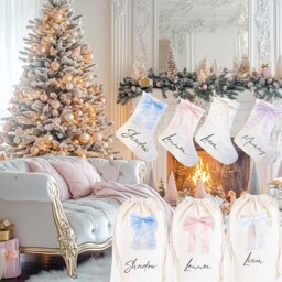 Personalised Bow Christmas Stockings, Pink Stocking, Decorations, Stocking, Family Gifts - thumbnail 2