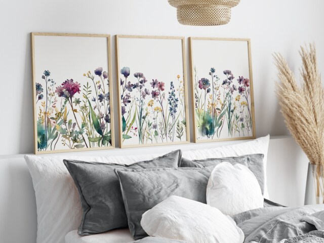 Flowers Set Of 3 Prints, Watercolour Wildflower Wall Art. Botanical Bedroom Gift For Her. Living Room Spring Home Decor - image 1