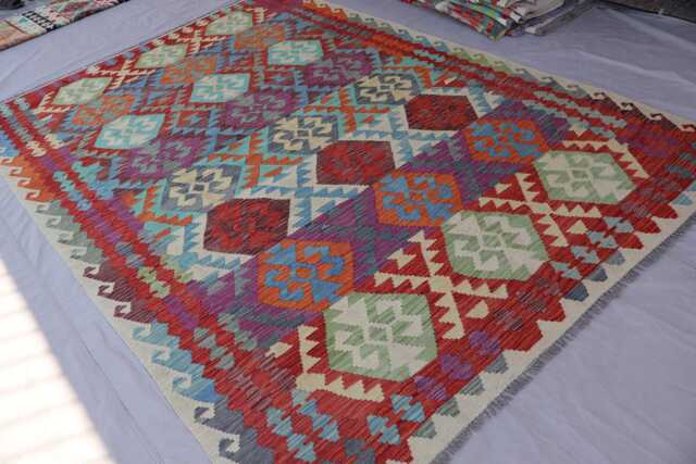 7x10 Large Area Rug, Afghan Modern Geometric Kilim Wool Handmade Boho Oriental Turkmen Living Room Bedroom Rug - image 1