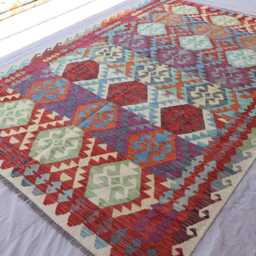 7x10 Large Area Rug, Afghan Modern Geometric Kilim Wool Handmade Boho Oriental Turkmen Living Room Bedroom Rug - thumbnail 3