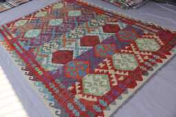 7x10 Large Area Rug, Afghan Modern Geometric Kilim Wool Handmade Boho Oriental Turkmen Living Room Bedroom Rug - thumbnail 1