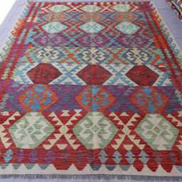 7x10 Large Area Rug, Afghan Modern Geometric Kilim Wool Handmade Boho Oriental Turkmen Living Room Bedroom Rug - thumbnail 2
