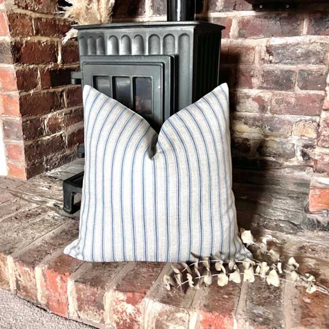 1512. Handmade Blue Harrop Stripe Linen Blend Cushion Cover, 12x12 - image 1