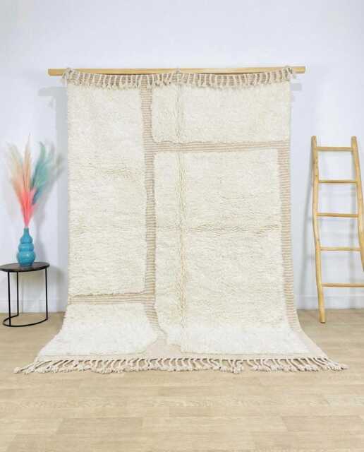 Ivory Grid Moroccan Rug, Textured Neutral Berber Carpet, Handmade Shag Area Large Minimalist Scandi Decor - image 1