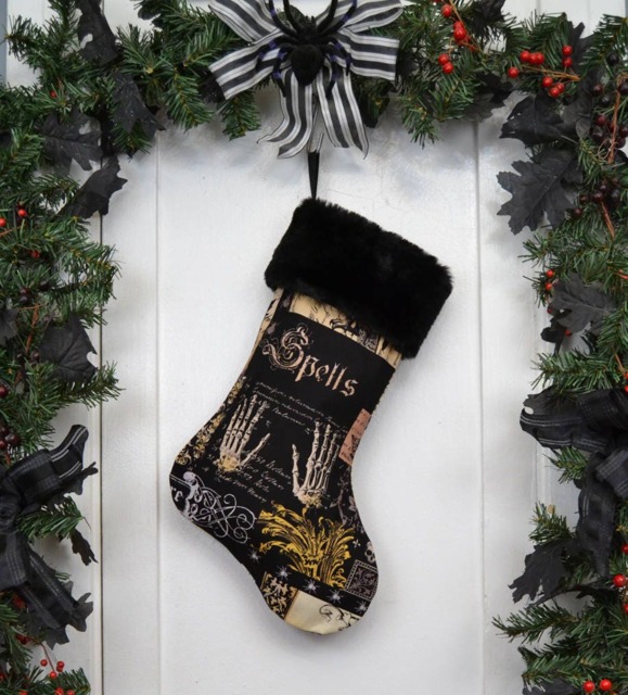 Handmade Gothic Spells Christmas Stocking, Black Faux Fur Trim - image 1
