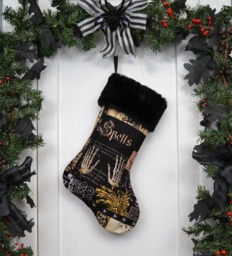 Handmade Gothic Spells Christmas Stocking, Black Faux Fur Trim - thumbnail 1