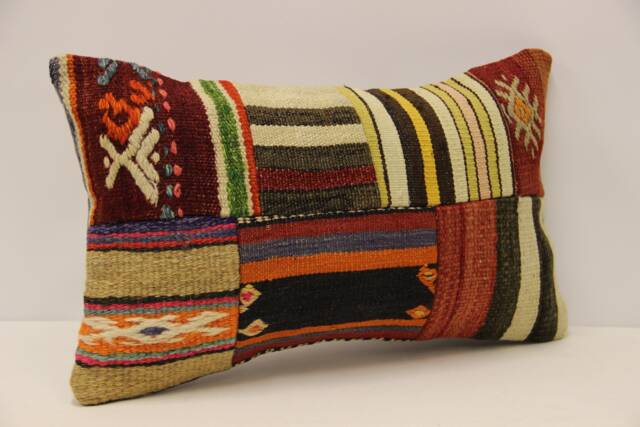 Vintage Turkish Kilim Lumbar Pillow Cover, Boho Patchwork 12x20 - image 1