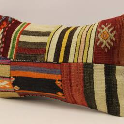 Vintage Turkish Kilim Lumbar Pillow Cover, Boho Patchwork 12x20 - thumbnail 3