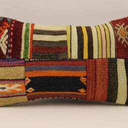 Vintage Turkish Kilim Lumbar Pillow Cover, Boho Patchwork 12x20 - thumbnail 2