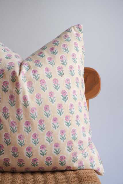 "Block Print Pillow Cover Floral Batik, Ethnic Indian Design - 20"" X 20" - image 1