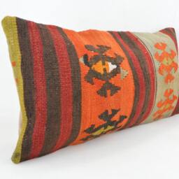 "Kilim Pillow, Wool Kilim Cousin From Anatolia, 30x60 cm, 12""x24" - thumbnail 2