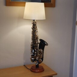 Saxophone Lamp, Alto, Black & Gold, Handmade With Hardwood Base, New - thumbnail 2