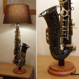 Saxophone Lamp, Alto, Black & Gold, Handmade With Hardwood Base, New