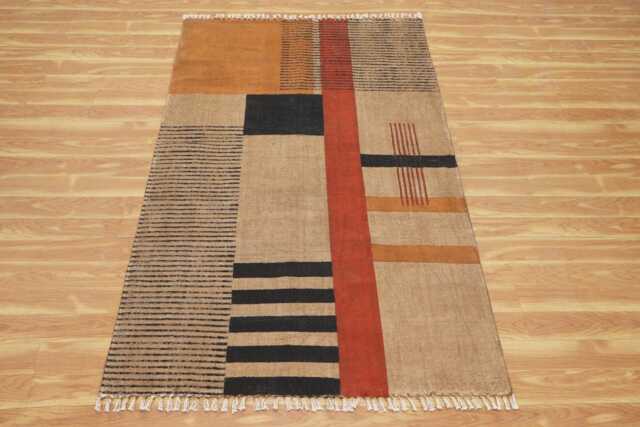 Handmade Block Print Cotton Rug Brown Beige Geometric Kilim - image 1