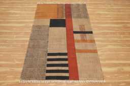 Handmade Block Print Cotton Rug Brown Beige Geometric Kilim - thumbnail 1
