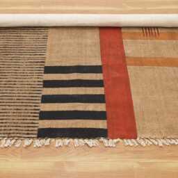 Handmade Block Print Cotton Rug Brown Beige Geometric Kilim - thumbnail 2