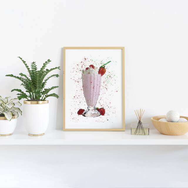 strawberry Milkshake Watercolour Splash A3, A4, 10x8, 8x6, 5x7 & 4x6 Wall Art Prints