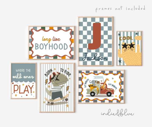 Personalised Gallery Wall Set Of 6 in Bright Colours, Toddler Boy Nursery Bedroom Prints, Prints For Playroom, Boyhood, World Map - image 1