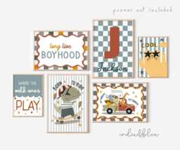 Personalised Gallery Wall Set Of 6 in Bright Colours, Toddler Boy Nursery Bedroom Prints, Prints For Playroom, Boyhood, World Map - thumbnail 1
