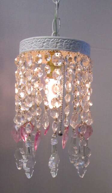 Shabby Chic White Pendant Clear French Pendalogues Crystal & Pink Heart Prisms Hanging Light Pendant, Crystals - image 1