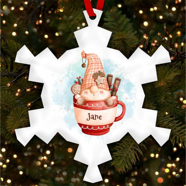 Gnome Sitting in Cup Snowflake Personalised Christmas Tree Ornament Decoration
