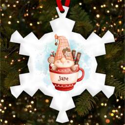 Gnome Sitting in Cup Snowflake Personalised Christmas Tree Ornament Decoration
