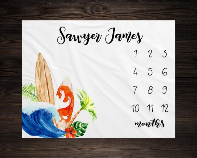Surfing Milestone Blanket Monthly Growth Tracker Soft Fleece Surf Board Baby Shower Gift Newborn Watch Me Grow Boy - image 1