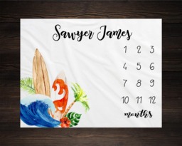 Surfing Milestone Blanket Monthly Growth Tracker Soft Fleece Surf Board Baby Shower Gift Newborn Watch Me Grow Boy - thumbnail 1