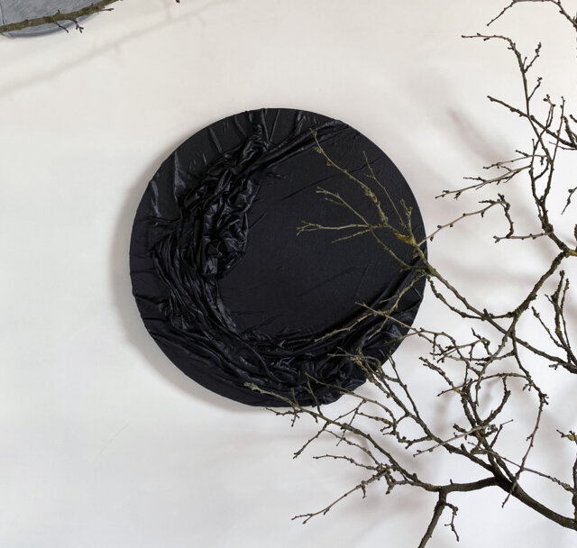Textured Black Moon Canvas Art, Relief Fabric, Monochromatic Wall Decor - image 1