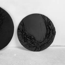 Textured Black Moon Canvas Art, Relief Fabric, Monochromatic Wall Decor - thumbnail 3