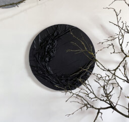 Textured Black Moon Canvas Art, Relief Fabric, Monochromatic Wall Decor