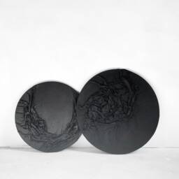 Textured Black Moon Canvas Art, Relief Fabric, Monochromatic Wall Decor - thumbnail 4