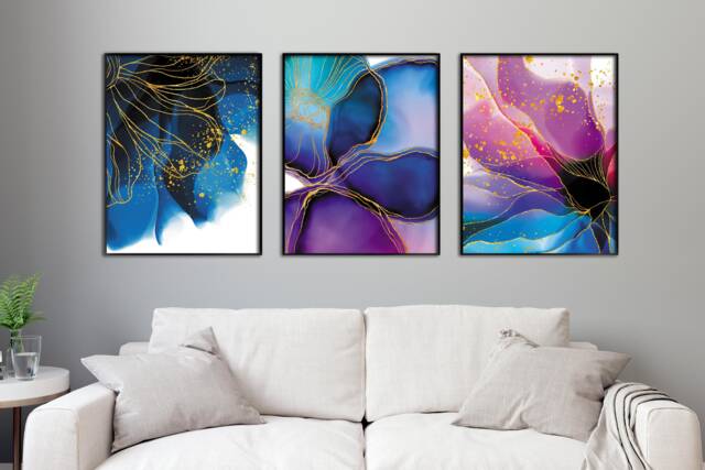 Abstract Floral Wall Art Prints Purple, Blue, Gold - image 1