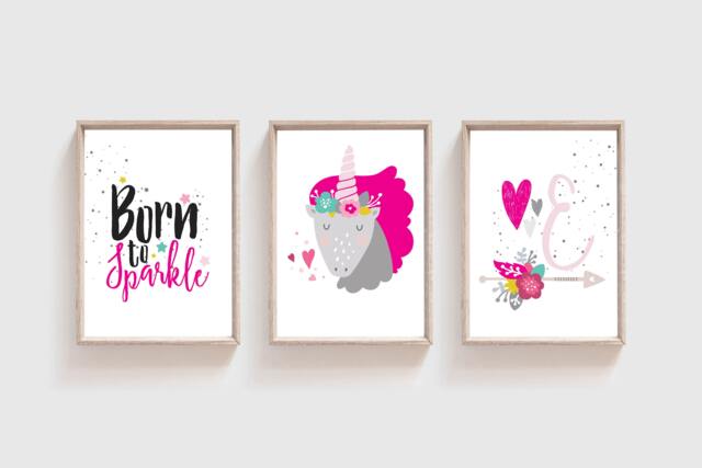 Girls Nursery Prints, Set Of 3 Unicorn Decor, Bedroom Wall Art, Pink - image 1
