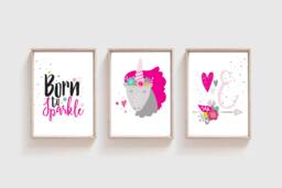 Girls Nursery Prints, Set Of 3 Unicorn Decor, Bedroom Wall Art, Pink - thumbnail 1