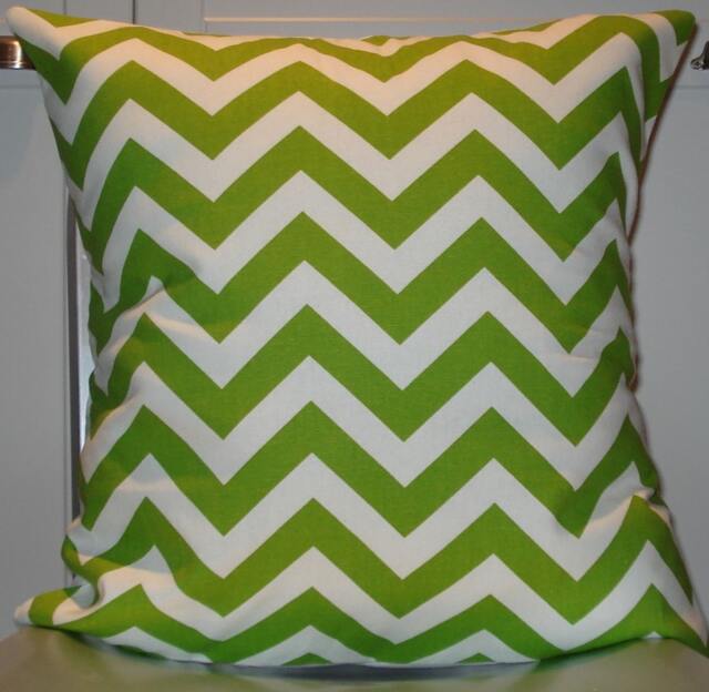 New 18x18 Inch Designer Handmade Pillow Case in Lime Green & White Zig Zag, Chevron Pattern