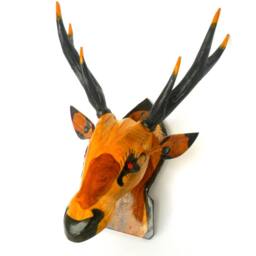 Wood Carving Deer Head Wall Hanging Art Home Hand Craved Handmade Teak Wood Decor/Gift - thumbnail 2