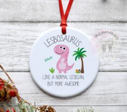 Lesbian Gift - Bauble Lesbosaurus- Christmas Ornament Birthday Gift For Lesbian- Ceramic Decoration - thumbnail 1