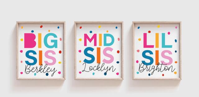 Set Of 3, Girls Bedroom Decor, Big Sis Mid Lil Prints, Sisters Bedroom, Personalised, Rainbow Siblings Wall Art, Playroom
