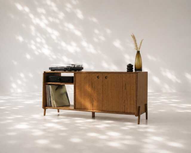 Shinjuku Premium - Oak Record Player Stand, Mid Century Vinyl Storage Cabinet - image 1