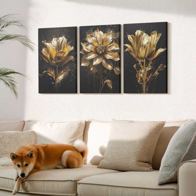 Canvas Set Of 3 Wall Art - Flowers in Shades Yellow On A Dark Background, Canvas, Plants & Hanging Piece - image 1