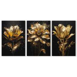 Canvas Set Of 3 Wall Art - Flowers in Shades Yellow On A Dark Background, Canvas, Plants & Hanging Piece - thumbnail 2