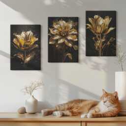 Canvas Set Of 3 Wall Art - Flowers in Shades Yellow On A Dark Background, Canvas, Plants & Hanging Piece - thumbnail 3