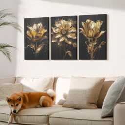 Canvas Set Of 3 Wall Art - Flowers in Shades Yellow On A Dark Background, Canvas, Plants & Hanging Piece - thumbnail 1