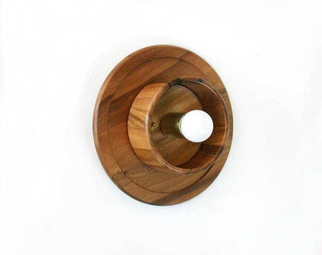 Acacia Wood & Brass Round Flush Mount Sconce Light Kitchen Fixture Wall Lamp Dining Room Mud Wooden - image 1