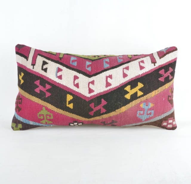 "Kilim Pillow, Wool Kilim Cousin From Anatolia , 30x60 cm, 12""x24" - image 1
