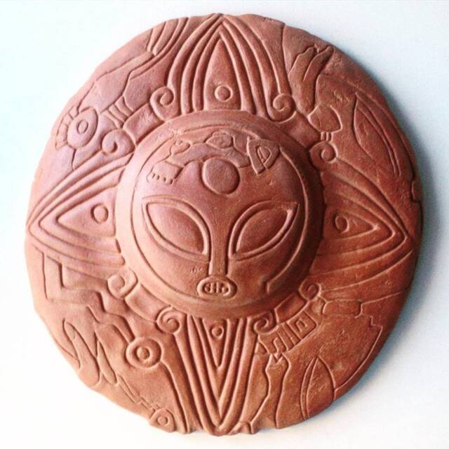Aztec Alien Ceramic Tile, Solar Sun Sculpture, Wall Art Decor - image 1